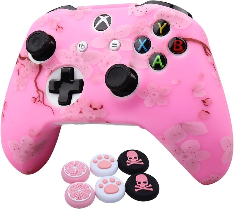 RALAN Cherry Blossoms Skin , Sakura Silicone Controller Cover Skin Protector Compatible for Xbox Ones Controller (Pink Pro Thumb Grip x 2 ,Pink Cat Grips x 2 ,Skull Cap x 2). - Image 1